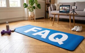 FAQ tapis de sol Inedit Fitness séance de coaching sportif en visio avec logo INEDIT FITNESS